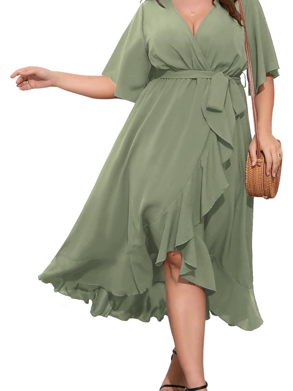 Wrap High-Low Midi Dress in Sage Green with Self-Tie Waist